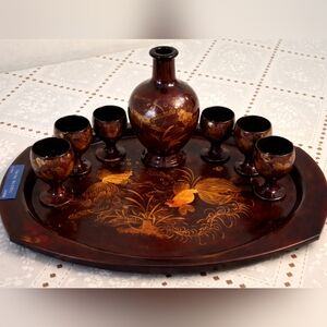 Vtg 60s tortoise shell gold lacquer Japanese koi fish tray goblet tea Sake set
